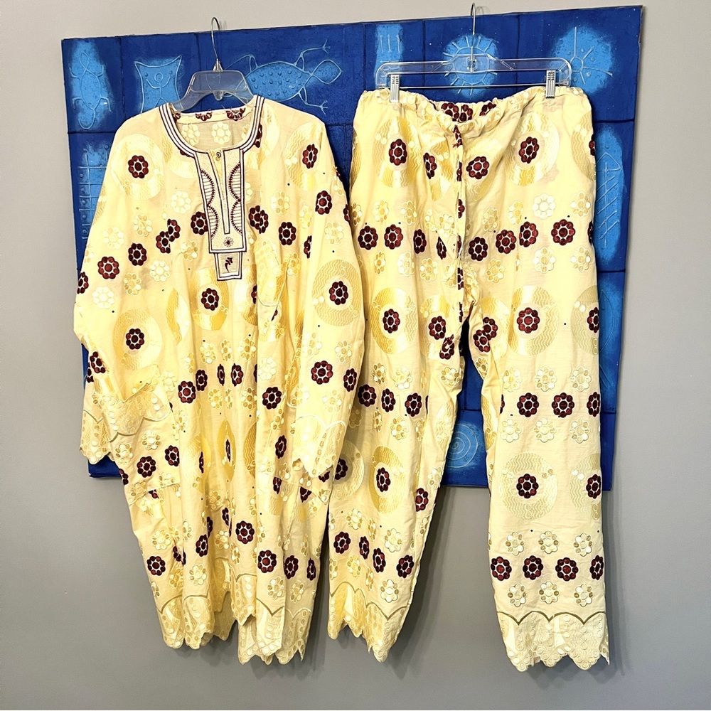 Custom African Dashiki Pant Set Embroidered Eyelet - Yellow